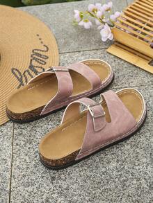 Sandalias de mujer talla grande 36-43 de verano con suela suave antideslizante, hebilla de metal ajustable y doble correa. Sandalias planas de punta descubierta con suela gruesa para uso casual, paseos, compras. Color rosa claro mate de piel sintética, elegantes y versátiles. - Escarchado rosa - Ver 7