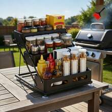 GROWSUN-3-Tier Foldable Spice Rack With Safety Guardrails - Space-Saving Kitchen Cabinet & Countertop Organizer, Durable Powder-Coated Design, Tool-Free No-Drill Assembly (BBQ Brush Included) - 查看 5