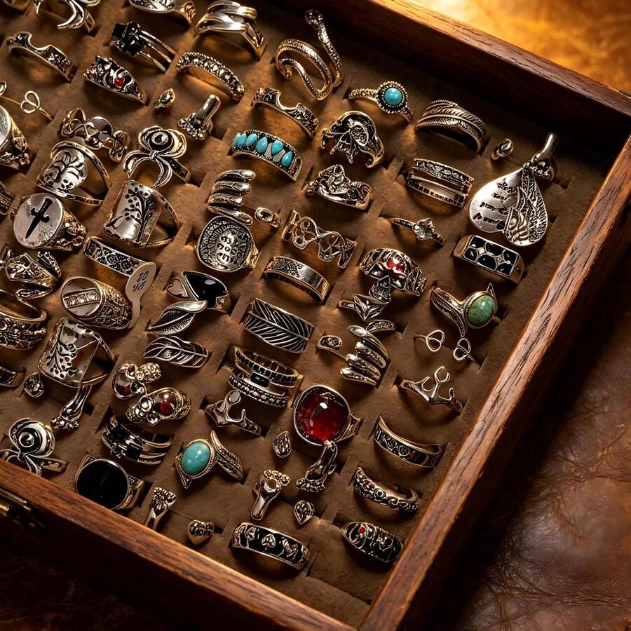 5/10/20pcs Assorted Vintage Punk Style Rings! Distressed Finish, Skull/Snake Skin/Turquoise Designs Are Super Cool, Stackable Or Wearable Individually, Random Styles Shipped - Multicolor - View 1