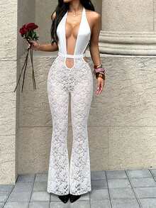 XINMEI 夏季白色连体裤，性感露背系带深V蕾丝裤，适合约会、派对、节日、海滩、度假、婚礼等场合。 - 白色 - 查看 5