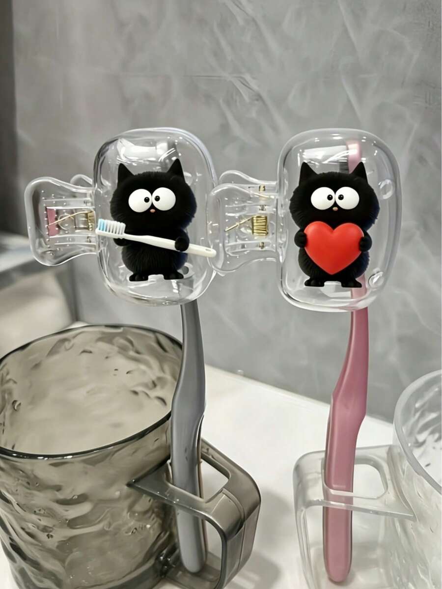Cute Black Cat Theme Toothbrush Holder/Printed With Black Cat Holding Heart Pattern And Toothbrush/Portable Toothbrush Accessory/Toothbrush Protective Cover For Home And Travel/Cute Toothbrush Storage Clip/Home Organization/Travel Essential/Cute Design/Fashionable Storage/Transparent Protective Cover/Toothbrush Box/Family Users/Oral Care Accessory - Multicolor - View 1