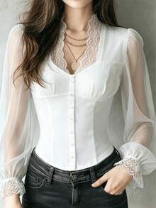 Áo kiểu nữ mùa xuân/hè, áo blouse dệt kim ren phối ren màu trơn với viền bèo nhún, áo kiểu nữ ren phối ren thanh lịch, áo blouse tay dài kiểu sơ mi, thích hợp cho đi biển, kỳ nghỉ, du lịch mùa xuân/hè/thu, trang phục nghỉ mát màu trắng cho nữ. - trắng - Xem 1