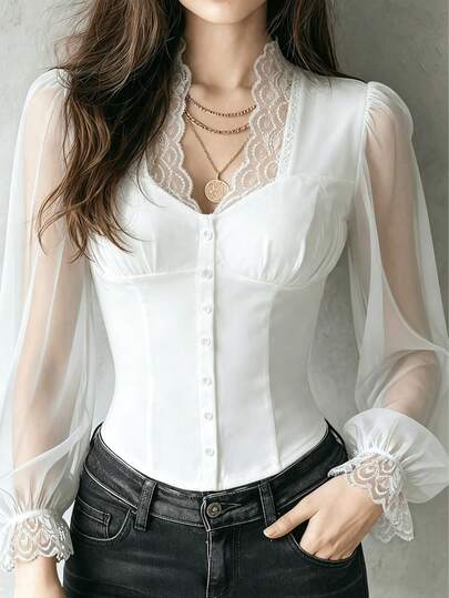 Áo kiểu nữ mùa xuân/hè, áo blouse dệt kim ren phối ren màu trơn với viền bèo nhún, áo kiểu nữ ren phối ren thanh lịch, áo blouse tay dài kiểu sơ mi, thích hợp cho đi biển, kỳ nghỉ, du lịch mùa xuân/hè/thu, trang phục nghỉ mát màu trắng cho nữ.