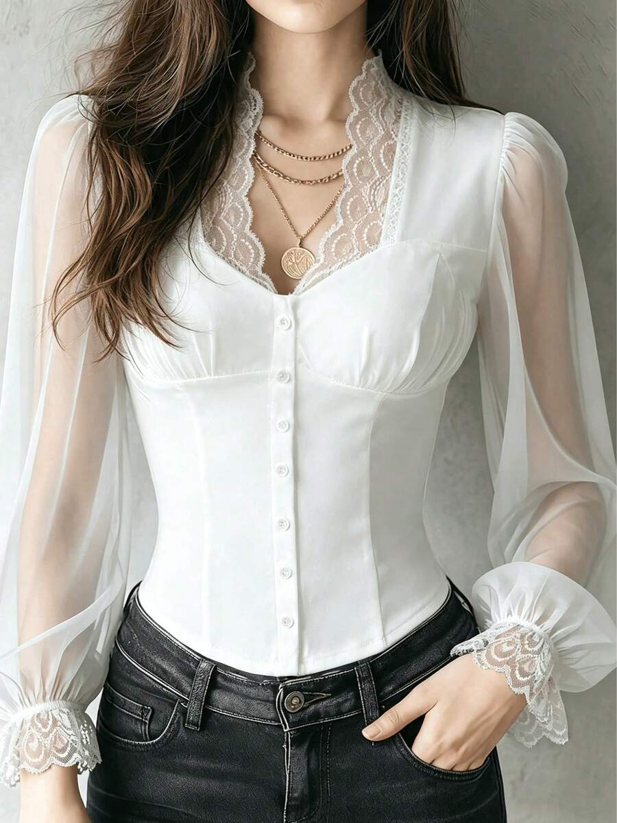 Áo kiểu nữ mùa xuân/hè, áo blouse dệt kim ren phối ren màu trơn với viền bèo nhún, áo kiểu nữ ren phối ren thanh lịch, áo blouse tay dài kiểu sơ mi, thích hợp cho đi biển, kỳ nghỉ, du lịch mùa xuân/hè/thu, trang phục nghỉ mát màu trắng cho nữ. - trắng - Xem 1