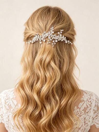 Peineta nupcial de lujo con hoja de cristal y perla plateada, accesorio de pelo elegante para novias