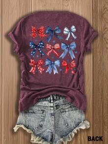T-Shirt With A Patriotic Bow Print On Both Sides, Designed In Festive Red, White, And Blue For The 4th Of July Festivities, Ideal For Summer And Patriotic Gatherings. |   Casual Fashion For Women |   Double-Sided Printed T-Shirt - Breathable - 海軍藍 - 查看 10