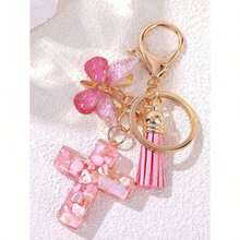 Resin Cross Keychain For Women Girls - 6 Styles With Butterfly Charm & Tassel, Embedded Pebbles, Glitter Heart & Purple Sequins (Mint Green/White/Pink/Purple) Fashion Jewelry Gift, Easter Baptism Party Favors Car Accessories Bag Charm School Cute Goth Y2k - 彩色 - 查看 6