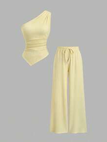 Women's Solid Color Pleated Asymmetric Hem Top And Pants 2 Pieces Set, Spring/Summer - Vàng nhạt - Xem 9