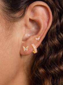 3er Set süße 18K Goldene Edelstahl Schmetterling Ohrstecker, Damen Rosa Zirkonia Knorpel Ohrringe, Schmuckgeschenk für den täglichen Gebrauch - 1-Gold-3 Stück - Übersicht 2