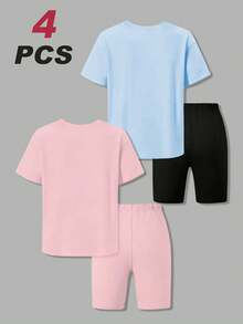 4pcs/Set Teen Girls Cute And Versatile Angel Accent Print T-Shirt & Tight-Fitting Printed  Shorts 2 Pieces Outfits, Fun Stylish Youth Spring & Summer Wear - 彩色 - 查看 2