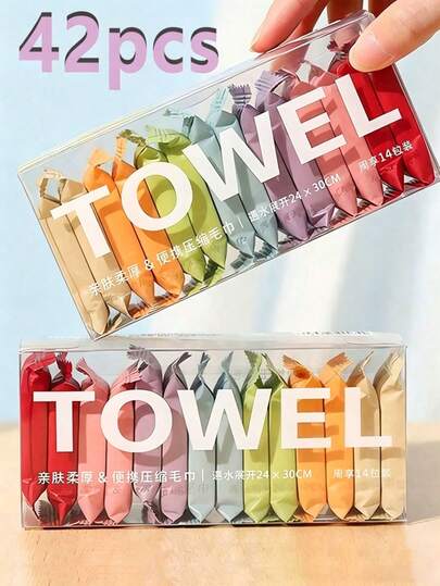 42/28/14/7 Pcs Compressed Disposable Face Towels, Portable Travel Facial Cleansing Wipes, Thickened Wet & Dry Use, Travel Essential, Compact Size, Suitable For Honeymoon Travel, Expandable To Approx. 24cm*30cm After Wetting