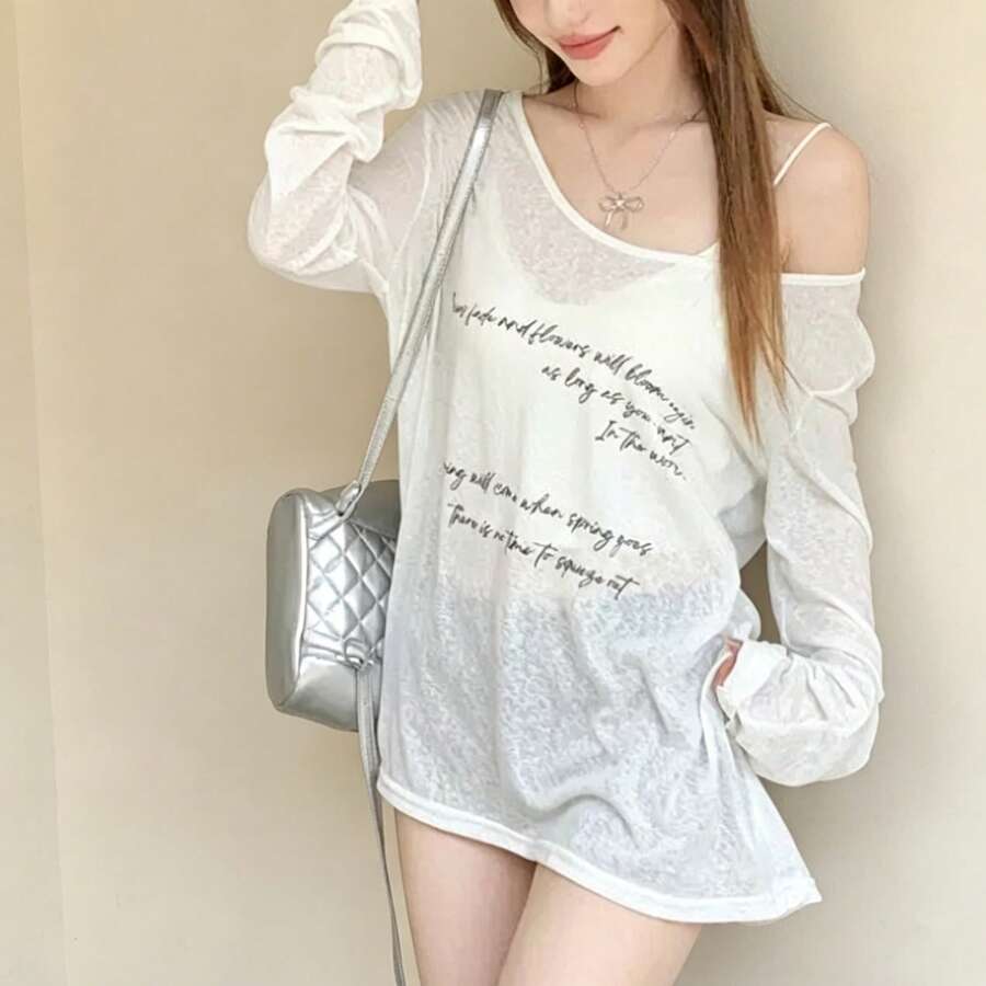 輕盈透膚防曬長袖T恤,女款夏季新品,美式復古字母印花寬鬆大版休閒上衣 白色 - 白色 - 查看 1