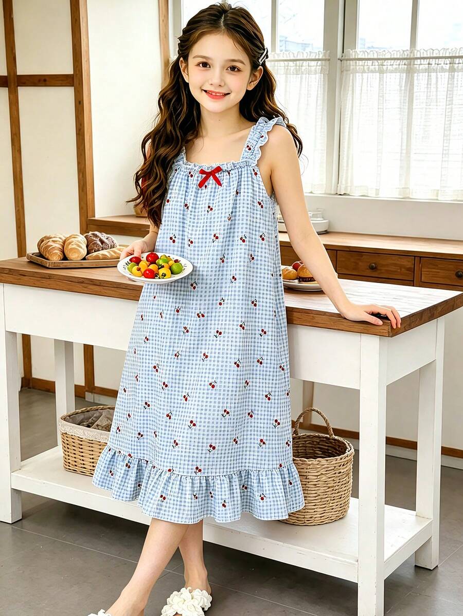 Đầm hai dây kẻ caro màu anh đào dễ thương và ngọt ngào cho bé gái mùa hè, đầm hai dây kẻ caro màu xanh nhạt thắt nơ, phong cách thường ngày tươi mới và thời trang, thích hợp cho kỳ nghỉ xuân/hè, mùa hè, cuối tuần, đầm ngủ hai dây, dự tiệc, mặc trong nhà và ngoài trời. - Màu xanh lam - Xem 1