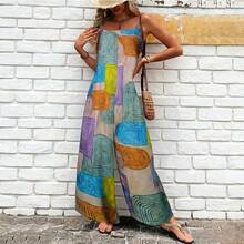 Mono sin mangas para mujer, verano 2026 – Estampado geométrico color block, tirantes finos, pantalón ancho, estilo informal para vacaciones - Caqui - Ver 2