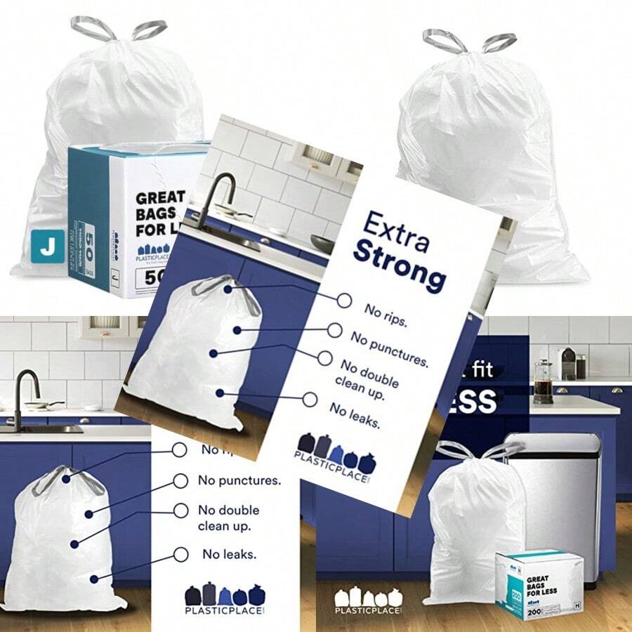Custom Fit Trash Bags Compatible With Simplehuman Code J 50 Count White Drawstring Garbage Liners 10-10.5 Gallon 21"X28" Tear-Resistant LLDPE Bags For Kitchen Bathroom And Office - White - View 1