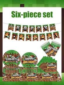 Minecraft 我的世界主题生日派对用品套装，包含生日快乐横幅、一次性纸盘、纸杯和餐巾纸，以及像素风我的世界主题派对装饰品，适合生日派对、游戏派对等场合，一次性餐具，易于组装和清洗，适合室内外派对，是我的世界粉丝的绝佳礼物。 - 多款多色 - 查看 6