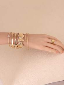 2pcs Luxury Gold Geometric Coil Design Bangle Bracelet And Ring Set, Versatile Jewelry For Daily Wear And Social Events, Suitable As Valentine's Day Gift - Gold - View 18