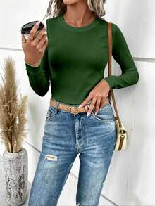 1 Pc Mohair (Angora) Women's Long Sleeve Blouse, Thick, Printed, Plain, Holiday, Vacation, Office, Daily, Autumn, Winter - 綠色 - 查看 3