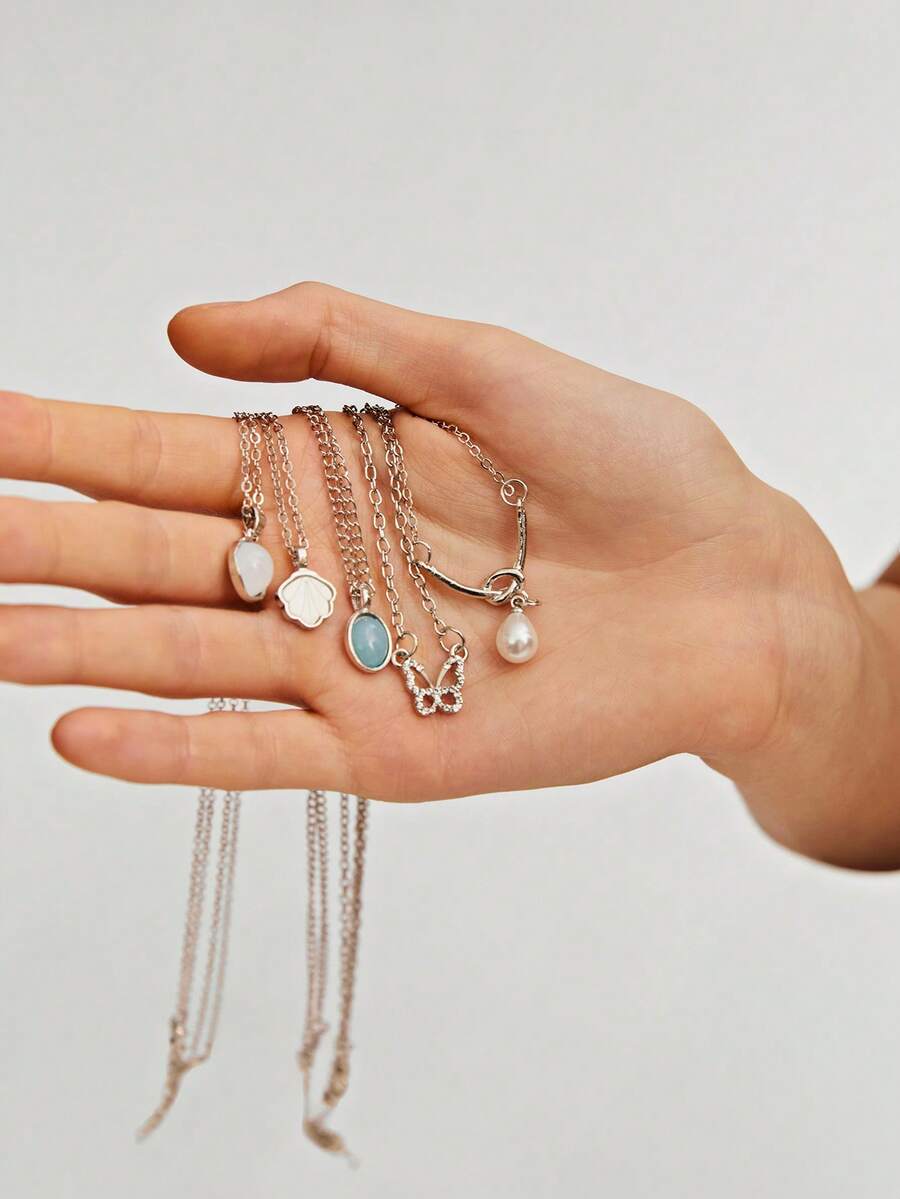 5 件套优雅设计项链，配白玉月光石，简约奢华百搭颈链 - 項鍊 - 查看 1