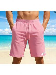 Quick-Dry Beach Shorts With Coastal Scenery Print, Lightweight Drawstring Beach Shorts, Casual, Slightly Stretchy, Perfect For Summer Vacations, Surfi - 粉色 - 查看 5