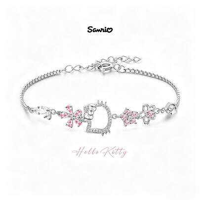 1pc Cute Cartoon Hello Kitty Sakura Rhinestone Necklace & Bracelet Set, Adjustable Alloy Sakura Jewelry Design, Ideal Multifunctional Sweet Girl's Gift For Fans, Crystal Beads Bracelet, Creative Bracelet, Perfect Gift For Friends And Partners! Valentine's Day, Holiday Gift