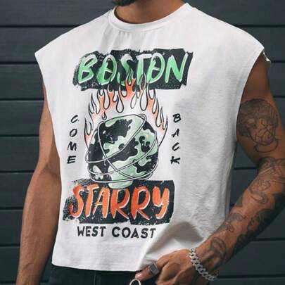 Men's Vintage Distressed Printed Sleeveless Tank Top, Oversized Casual Vest, Hip Hop Style