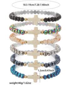 6pcs Fashion Turquoise Cross & Colorful Crystal Beaded Elastic Bracelet Set, Suitable For Women Daily Wear And Gift - Multicolor - View 2