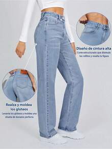 Jeans casuales de pierna recta y ajuste holgado para mujer con bolsillos , Pantalones De Pierna Recta De Mezclilla Lavada, Pantalones vaqueros diarios simples unicolor para mujer - 2008 - Ver 3