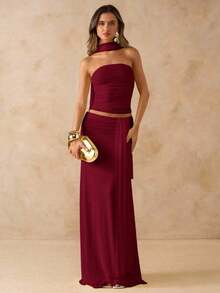 Conjunto de 2 piezas de top bandeau drapeada de color rosa sólido y falda larga drapeada y anudada a la cintura baja, conjunto de ropa de playa y vacaciones, vestido bohemio de espalda descubierta, atuendo para conciertos de mujer, vestimenta de - Burdeos - Ver 3