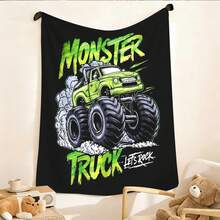 1PC Monster Jam  Monster Truck Racing Flannel Throw Blanket 50"X60" (Multiple Sizes) -  Green Truck Flying In Dust, Action Shot, Tapestry Wall Hanging, Monster Truck Fan Gift, Room Decor, Perfect For Sofa, Bed, Office -280gsm - nhiều màu 12 - Xem 4
