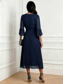 Solid Color Elegant Vacation Pleated Flare Sleeve Ruffle Hem Midi Dress, Summer - Navy Blue - View 2
