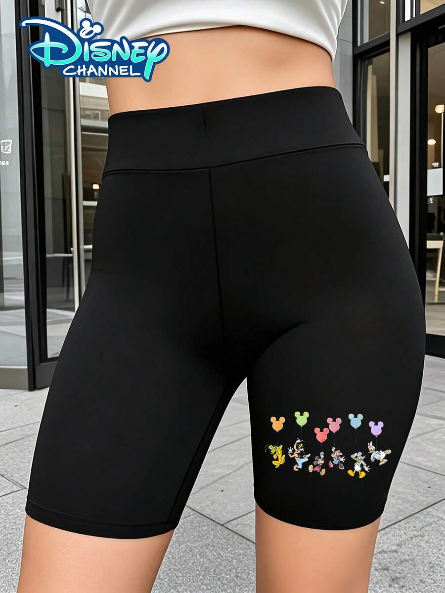 Disney Official Authorization | Women's High Waist Slim Fit Yoga Shorts. Features A Macaron Balloon Print With Pluto, Goofy, Mickey Mouse, Minnie Mouse, Donald Duck And Daisy Duck. Suitable For Fashion Wear, Yoga, Fitness And Sports, Women's Casual Shorts, Gym Shorts And Bike Shorts. - 黑色 - 查看 1