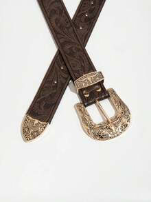 High Quality 1pc Vintage Western Style Coffee-Color Metal Bull Head & Dragon Embossed PU Leather Belt, Suitable For Daily Wear Summer, School Fall, Autumn, Halloween - 雕花羈扣彩色印花 - 查看 4