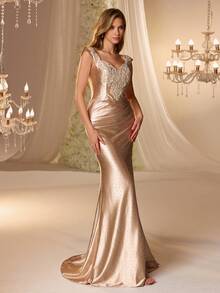 Vestido de Festa Elegante Rolarold com Aplicação de Renda, Fenda Alta e Paetês Reversível, Adequado para Cerimônia de Formatura, Banquete e Outras Ocasiões. Mangas Destacáveis para Festa de Casamento - Champanhe - Visão 7