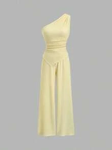Women's Solid Color Pleated Asymmetric Hem Top And Pants 2 Pieces Set, Spring/Summer - Vàng nhạt - Xem 4