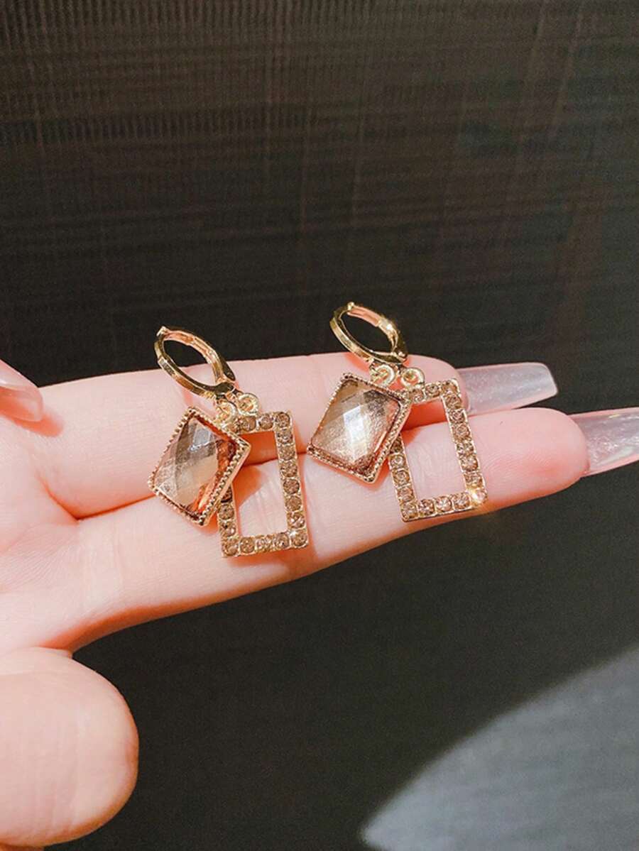 1 par de pendientes de hebilla geométrica cuadrada de lujo ligero y versátil, adecuados para ropa diaria y estilo de fiesta, moda de fiesta - Dorado - Ver 1