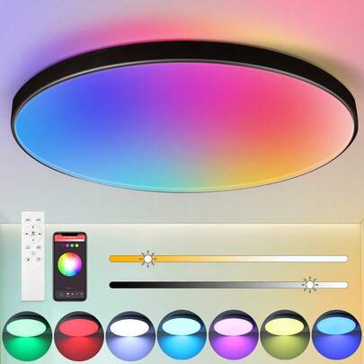 Plafonnier Bluetooth RGB de grande taille, lampe de plafond intelligente et gradable commandée par smartphone, étanche/anti-poussière/anti-insecte, panneau lumineux décoratif rond, plafonnier LED à triple couleur, convient pour le salon/la chambre/la salle à manger/la chambre d'enfant/la salle de divertissement/le placard/la salle de bain/le karaoké/le bar/le couloir/la cuisine/l'appartement/l'hôtel