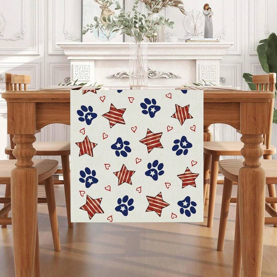 Camino de mesa del 4 de julio con huellas de perro, estrellas, formas de corazón, decoración patriótica del Día de los Caídos para la cocina, mesa de comedor, hogar, 13x35/13x47/13x59/13x72/13x90/13x108 pulgadas