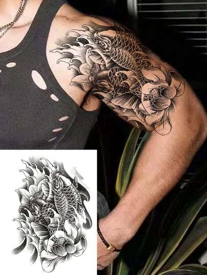 1pc Temporary Tattoo Sticker, Fashionable & Cool Koi Fish & Flower Design, Innovative Black Tattoo Sticker, Waterproof & Authentic, Can Be Applied On Waist, Leg, Arm And Other Body Parts, Unisex, Easy To Apply And Remove, Can Cover Scars