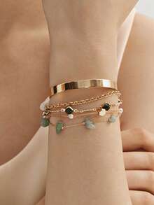 5pcs Vintage Style Faux Gem & Pearl Bracelet Set, Fashion Versatile Faux Pearl Jewelry (Handmade Chain Trimmed To Desired Length) - Gold - View 3