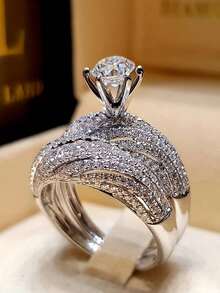 1 Cặp nhẫn đính hôn hai lớp kiểu Âu và Mỹ, nhẫn kim cương lớn, bộ trang sức cầu hôn phổ biến, nhẫn đôi, thích hợp để đeo hàng ngày và trong đám cưới, làm quà tặng. - Bạc - Xem 7