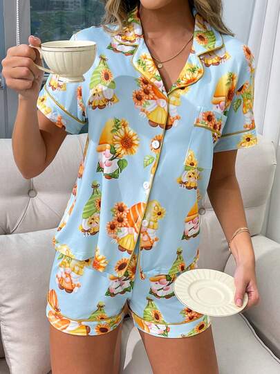 2 pièces Ensemble de pyjama court à manches courtes pour femmes avec imprimé tournesol et gnome, Top en tricot avec col, bordure jaune, poches boutonnées, pantalon à taille élastique, vêtements de détente confortables pour toutes les saisons