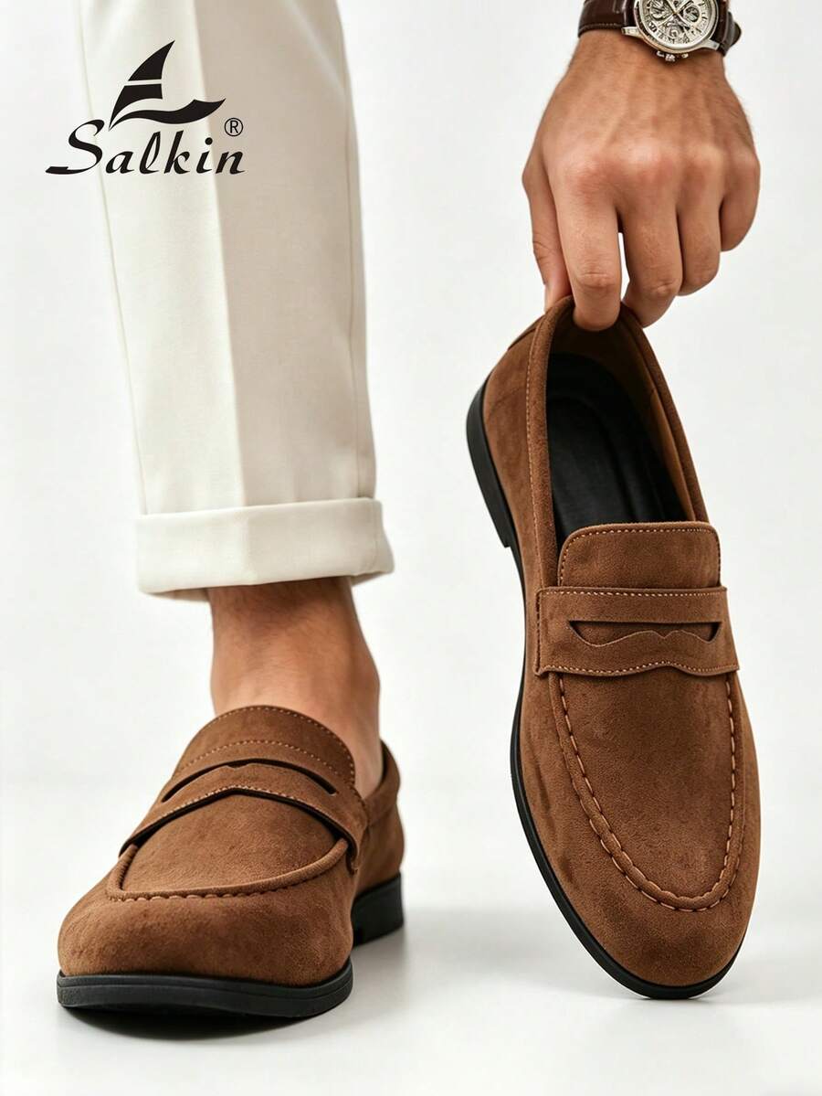 Salkin Luxury Men's Penny Loafers, Solid Color Faux Suede Casual Leather Shoes, Affordable Luxury For Modern Living, Soft Comfortable Breathable Non-Slip Wear-Resistant Sole, Fashionable Elegant Gentleman Social Shoes, Versatile For Suits, Students, Graduation, Preppy Style, Business Formal, Office, Party, Banquet, Wedding, Groom Shoes, Spring Summer Autumn, Size Runs Large, Recommend Choosing One Size Smaller - Mocha Brown - View 1