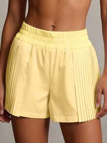 NcmRyu 1pc Women Solid Color Elastic Waist Pleated Design Lined Shorts With Pockets, Loose Fit Sports Shorts - Yellow - View 8