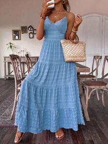 Vintage Countryside Birthday Wedding Guest Cute Bow Tie Layered Patchwork Dress For Women - Blue - View 3