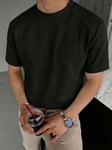 1pc Men's Black Short Sleeve Crew Neck T-Shirt, Contrast Stitching Deconstruction Patchwork, Heavy-Weight Knit Fabric, Machine Washable, Minimalist Retro Fashion Style, Suitable For Casual Daily Wear - Black - View 9