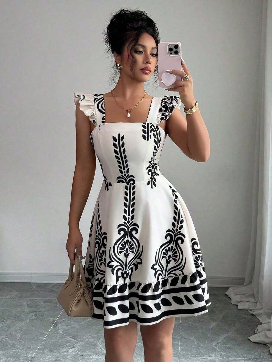 Vestido casual de mini falda con mangas acampanadas, cintura ceñida, espalda descubierta y lazada, para vacaciones y uso diario - Multicolor 3 - Ver 1