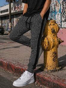 Men's Drawstring Waist All Over Print Track Pants Skinny Fit Casual Jogger Sweatpants Side Stripe Elastic Waist And Ankle Lightweight Gym And Fitness - Black - View 2