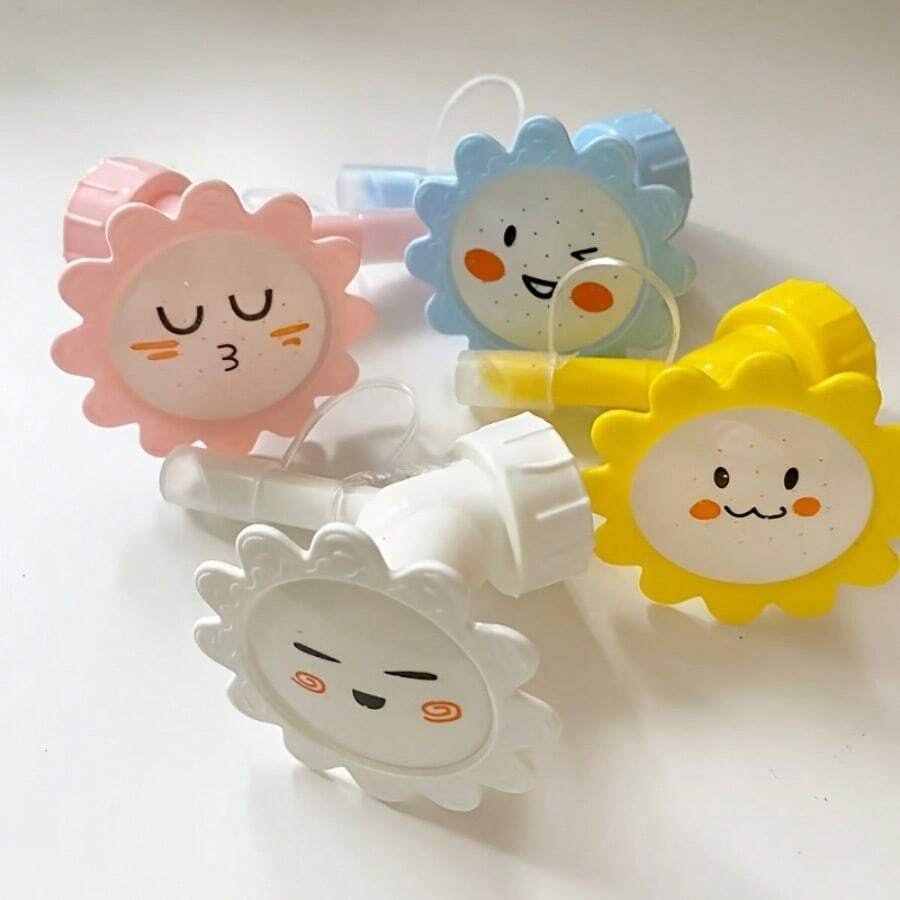 Set de 4 piezas Grifo de agua multifuncional con diseño de cara de dibujos animados, grifo de agua para juegos de jardín, herramientas para el hogar y el jardín, cabezal de rociador de plástico, grifo de agua portátil y ligero adecuado para la mayoría de botellas de bebidas - Rosa+Blanco+Azul+Amarillo - Ver 1