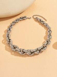 1pc Chunky Jewelry Minimalist Metal Twisted Necklace, Fashionable Versatile Silver Chain Vintage Necklace For Women, Suitable For Daily Wear, Outings, Photography, Parties And Gatherings - Silver - View 2